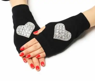Женские вязаные перчатки без пальцев, дамские перчатки осень-зима, стразы, Зимняя перчатка в заклепках, цветочный принт, перчатки для вождения R295 - Цвет: heart