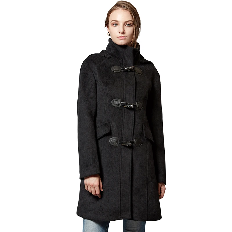Escalier Женское шерстяное пальто с капюшоном зимнее классическое Дафлкот тумблер бушлат - Цвет: Черный