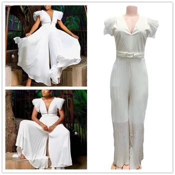 

Pleated Chiffon Jumpsuit Women Short Sleeve Deep V Neck Slim Fit Party Prom Sexy Ruffles Wide Leg Rompers with Belt Tracksuit