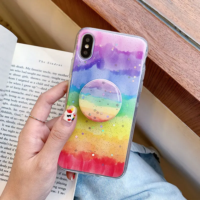 Блестящий Радужный чехол для телефона для iPhone XR XS Max X 11 11Pro 6 6S 7 8 Plus карамельный цвет подставка держатель ТПУ полный корпус защитный чехол
