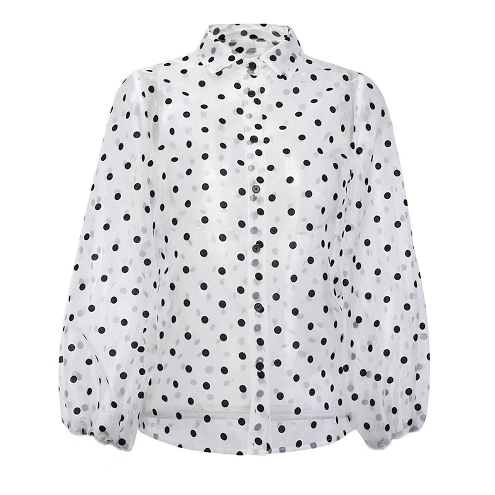 Британская женская летняя сетчатая прозрачная блузка в горошек с длинными рукавами, свободная Клубная блуза, футболка