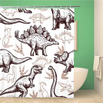 

Bathroom Shower Curtain Prehistoric Dinosaurs Reptiles Footprints on Pattern Two Color Doodle Polyester Fabric 72x72 inches