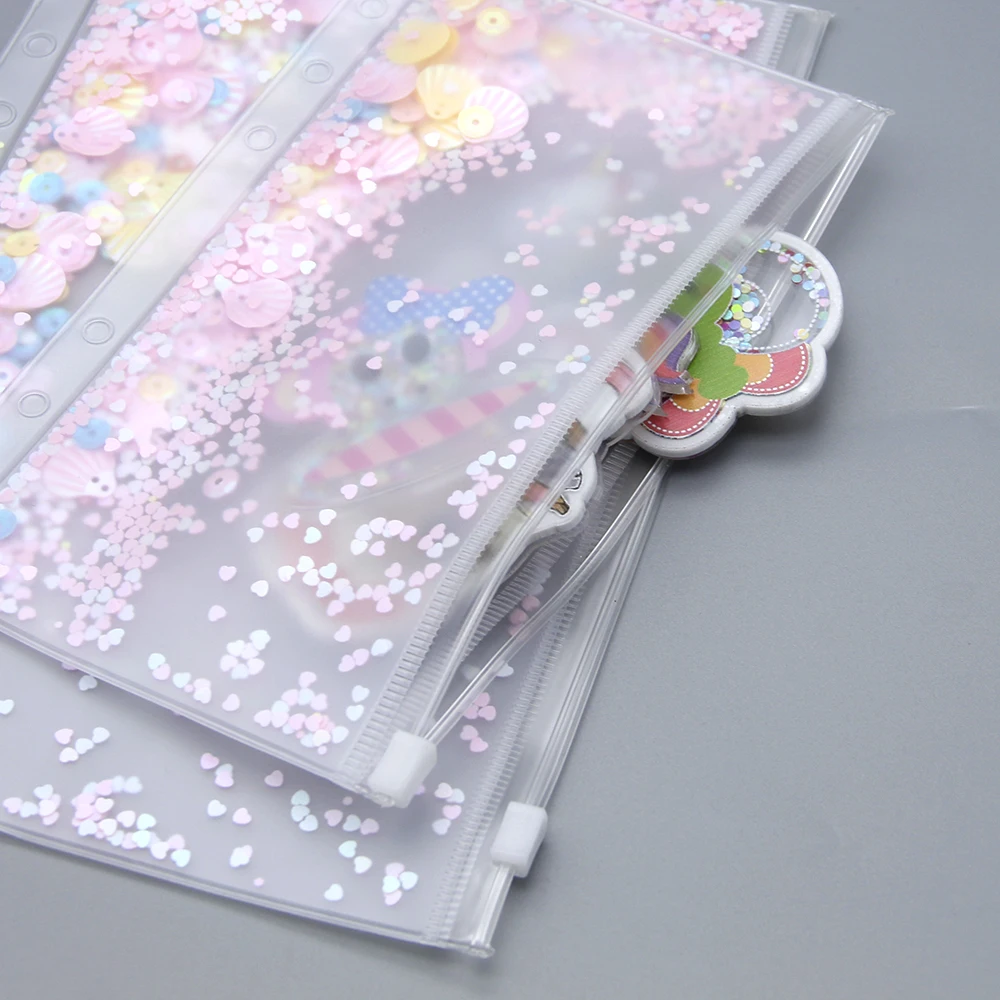 David accessories Notebook Zipper Bag Pink Sequin File Folder Holder Bags 6 Hole Transparent PVC Business Diary Storage,1Yc8253