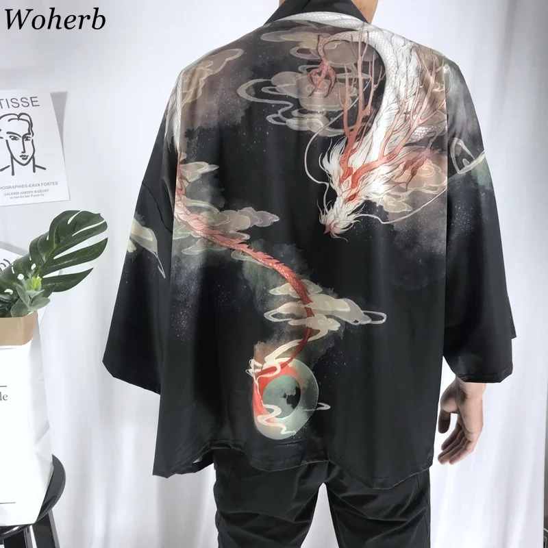 Кимоно Woherb в японском стиле свободная рубашка блузка с принтом для мужчин и