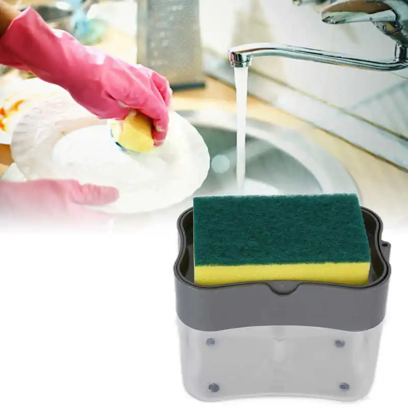 Kitchen Soap Dispenser Pump With Sponge Manual Press Cleaning Liquid