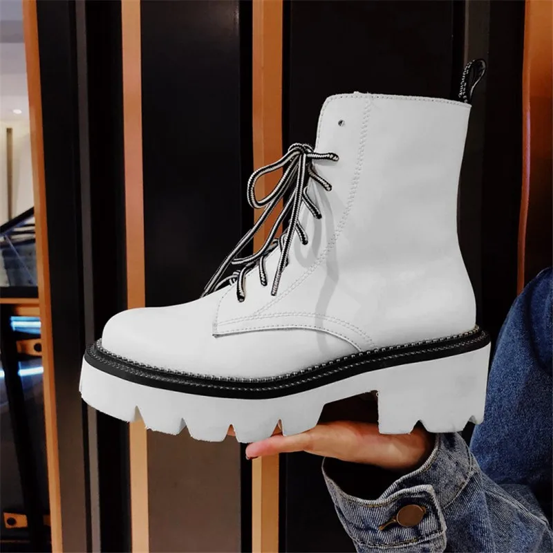 Skup Prova Perfetto damskie damskie buty do kostki płaskie buty zimowe prawdziwej skóry wiązane buty Punk Plus jazdy Botines Mujer 2019