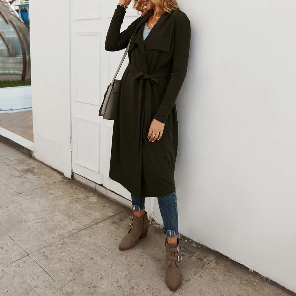 JAYCOSIN, женская осенняя и зимняя однотонная куртка с отворотом, пальто на бретелях, длинная Повседневная ветровка, модная куртка