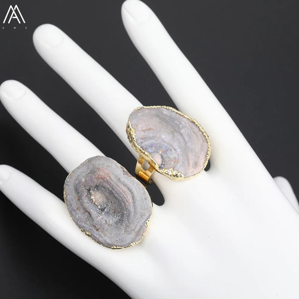 Random Sales Irregular Druzy Drusy Agates Ring Women Craft,Plated Gold Agates Stone Ring For Girl's Friendship Gift YT-158AMAJ