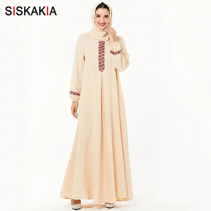 Siskakia, длинное мусульманское платье размера плюс, короткое, элегантное, с вышивкой из ленты, в стиле пэчворк, Свинг, макси платья, рукав-фонарик, абрикосовый, синий