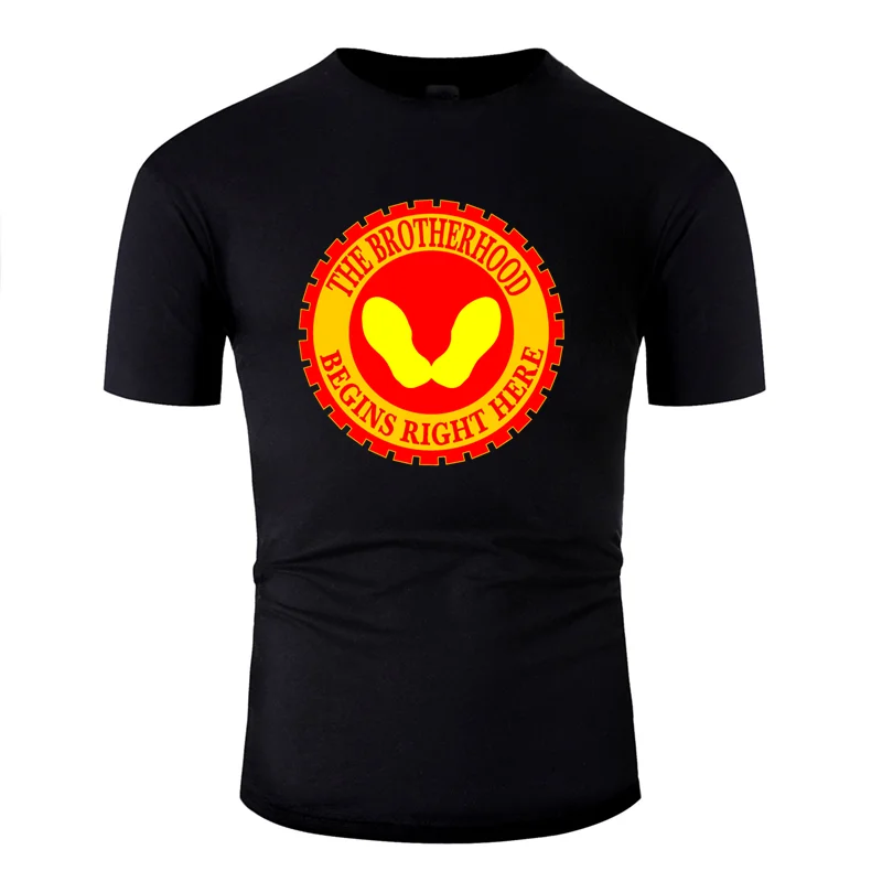 

Comical The Brotherhood Begins Right Here Yellow Footprint T-Shirt Male Female Unique Solid Color Men T Shirt Slogan Cute Funny