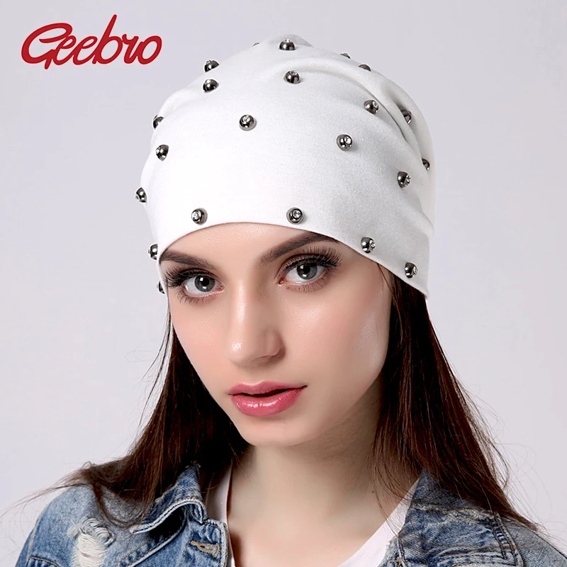 Geebro Women Fashion Cotton Skullies Beanies Girls With Rhinestones Accessories Hats Female Lady Knitted Solid Color Soft Caps 2