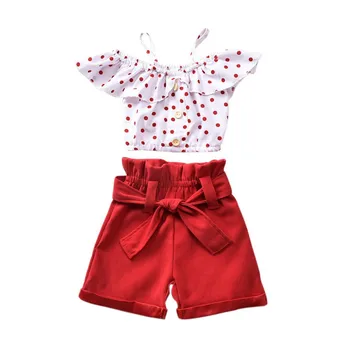 

2pcs Set Kids Girls Summer Clothes Children's Sets Toddler Red Polka Dot Print Off Shoulder Top Pants Clothing Outfit Newest