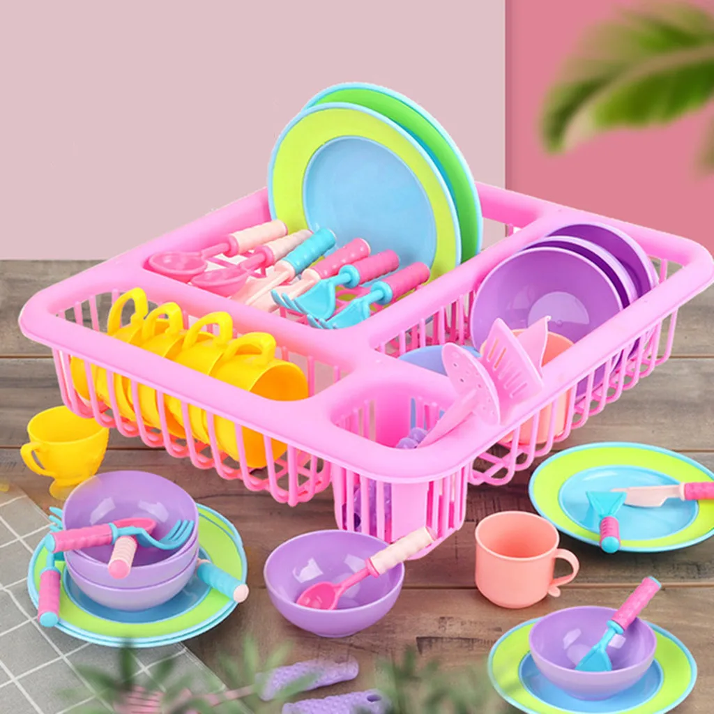 Kids Pretend Play Dishes Kitchen Playset Wash and Dry Tableware Dish Rack Toy with Drainer