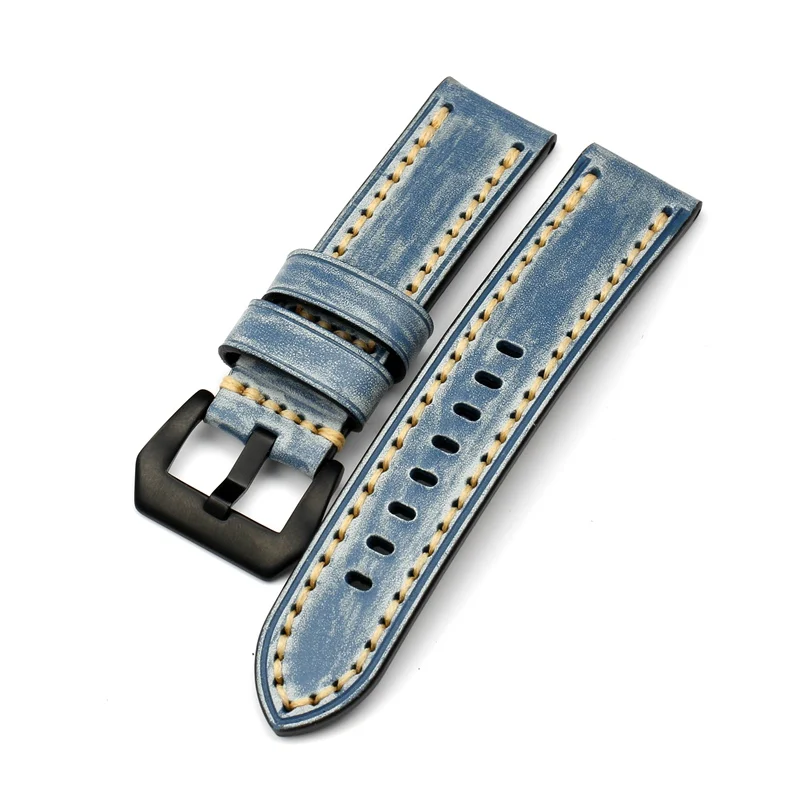 blue black buckle PSTARY ручной работы Винтаж деним синий кожаный ремешок 20 мм 22 мм 24 мм для Panerai кожаные ремни толстые и толстые мужские часы аксессуары - Цвет ремешка: blue black buckle