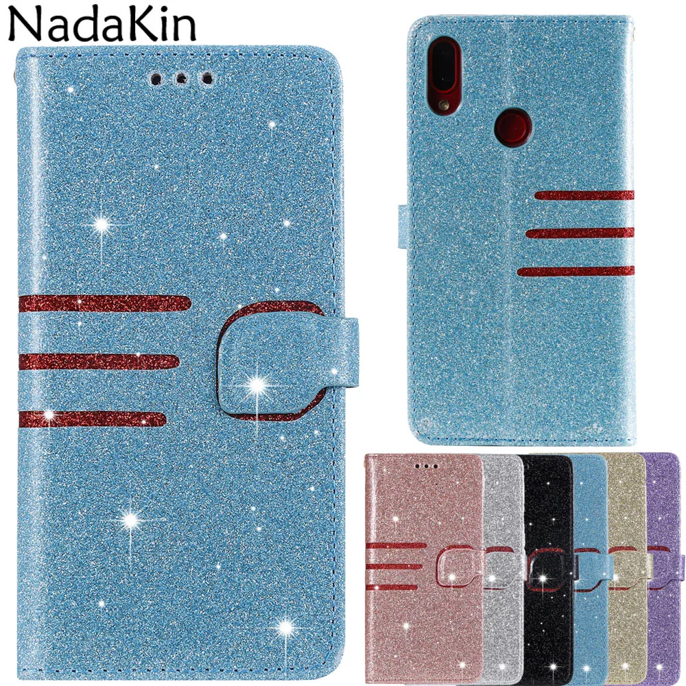 

Luxury Glitter Flip Book Case Shell for Xiaomi Redmi Note 7 Mi 8 Lite Phone Cover With Card Slots Landyard