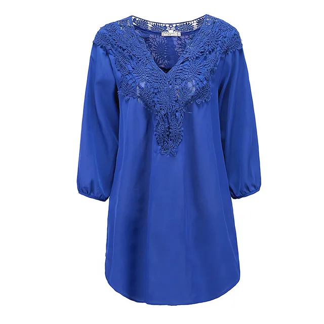 2019 New Spring Summer Women Blouses Lace Chiffon Hollow V neck Shirts Plus Size Loose Three