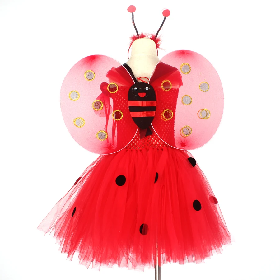 Girls Ladybug Tutu Dress Kids Ladybug Halloween Birthday Insect Animal Costume Girls Fancy Dress with Wings Antenna and Wand  (14)