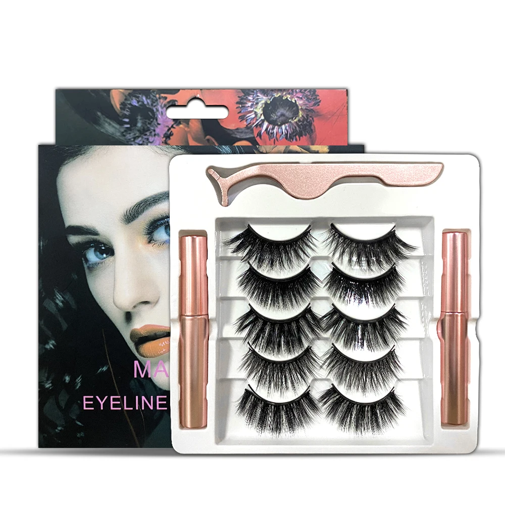 

5pairs Magnet Eyelash Magnetic Liquid Eyeliner&Magnetic False Eyelashes &Tweezer Set Waterproof Long Lasting Eyelash Extension