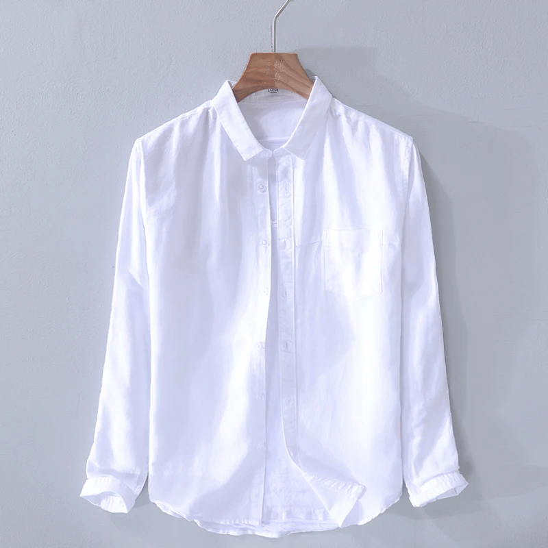 

2019 New design men's cotton and linen casual shirt solid white men shirt summer long sleeve fashion flax shirts men camisa