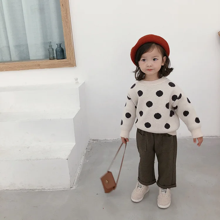 Зимние вязаные пуловеры для маленьких девочек, свитера, детская одежда в горошек в Корейском стиле, милый детский свитер для малышей
