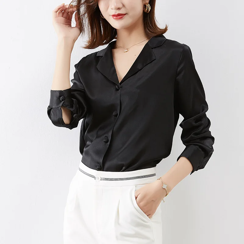 

2020 Spring Summer Office Lady womens black tops blouses Real Silk Shirts Long Sleeved Notched Collar Blouses and Tops for Women