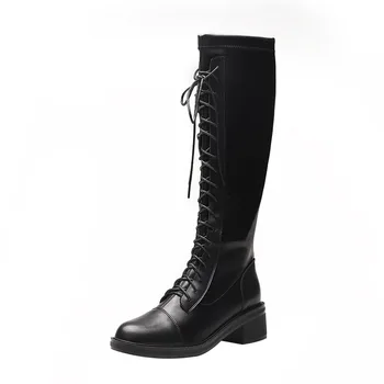 

Ladies Platform Knee-High Boots Women Fashion Fall Winter Woman Laces Comfort Casual Shoes Female Leather Motorcycles Booties