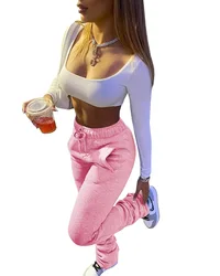 Pantalones apilados para mujer, Pantalón liso de cintura alta con cordón, acampanado, plisado, informal, activo, de chándal grueso