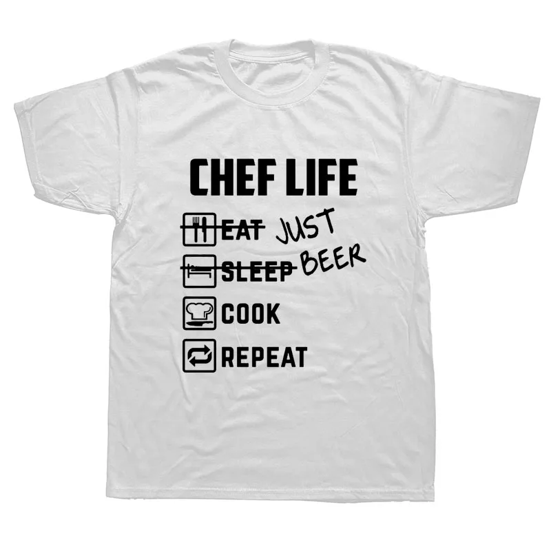 Забавный шеф-повара жизнь просто пиво и Кук Eat Sleep Repeat саркастическая гумура хлопок короткий рукав Футболка хлопок печать футболка