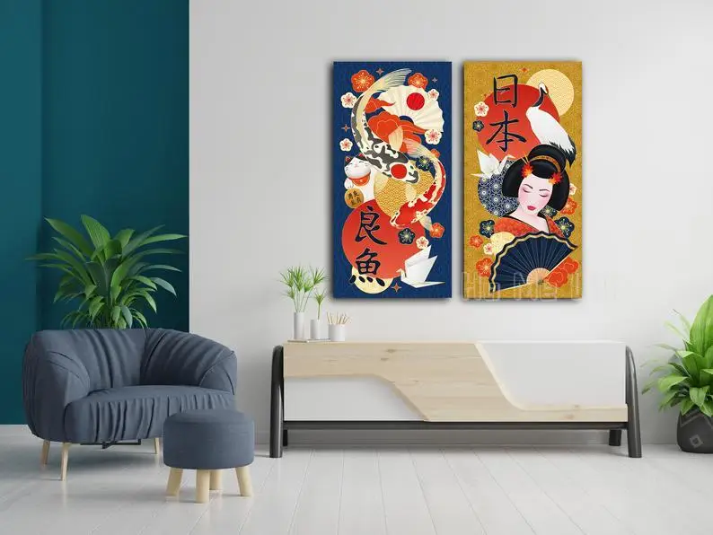 Японский художественный принт Geisha Koi Fish Азиатский настенный холст Декор | Дом и