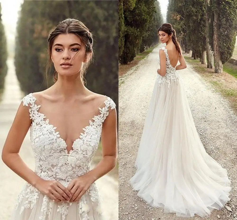 

Simple Summer Garden Beach Wedding Dresses A Line V Neck Cap Sleeve Low Backless Long Bridal Gowns Appliques Lace