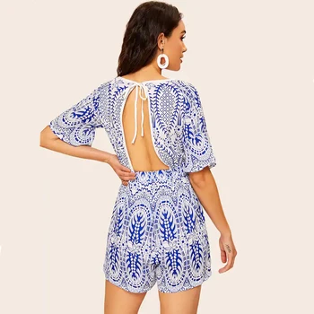 

Sexy Women Summer Sexy Casual Romper Female Blue Floral Print Short Sleeve backless Boho Beach Short Jumpsuit