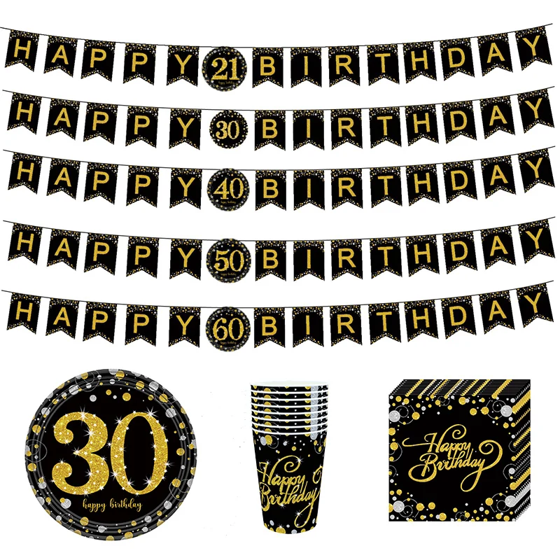 

Gold Black Happy Birthday Bunting Banner Tableware Paper Cup Plate Napkins for 21 30 40 50 60 Birthday Party Decoration Supplies