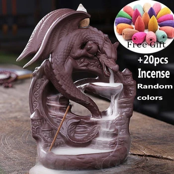 

Ceramic Dragon Backflow Incense Burner Smoke Incense Waterfall Censer Dragon Incense Stick Holder Home Decor + 20pcs Cones