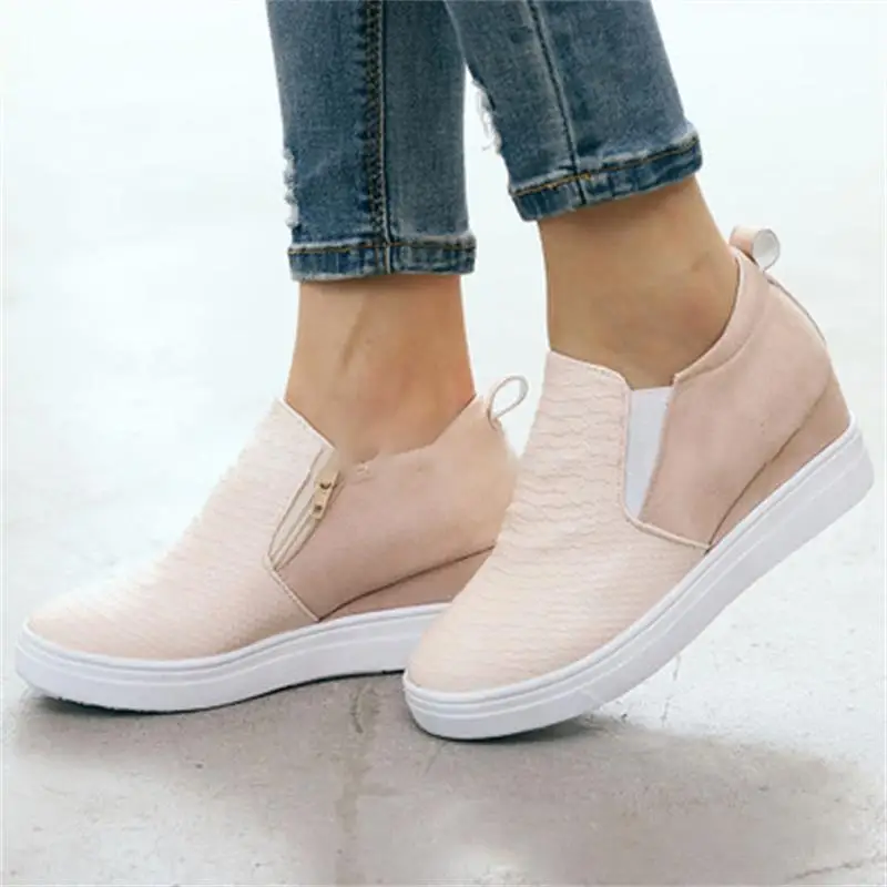 

ECN Women PU Leather Shoes Dropshipping Female Wedge Solid Shoes Summer Autumn Walking Sneakers Zipper Ladies Platform Sandals