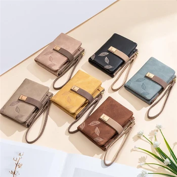 

Ladies Fashion Female Wallet Short Leaf Print Women Wallet Women Small Nubuck Leather Purse Girl Card Holders With Wrist Strap