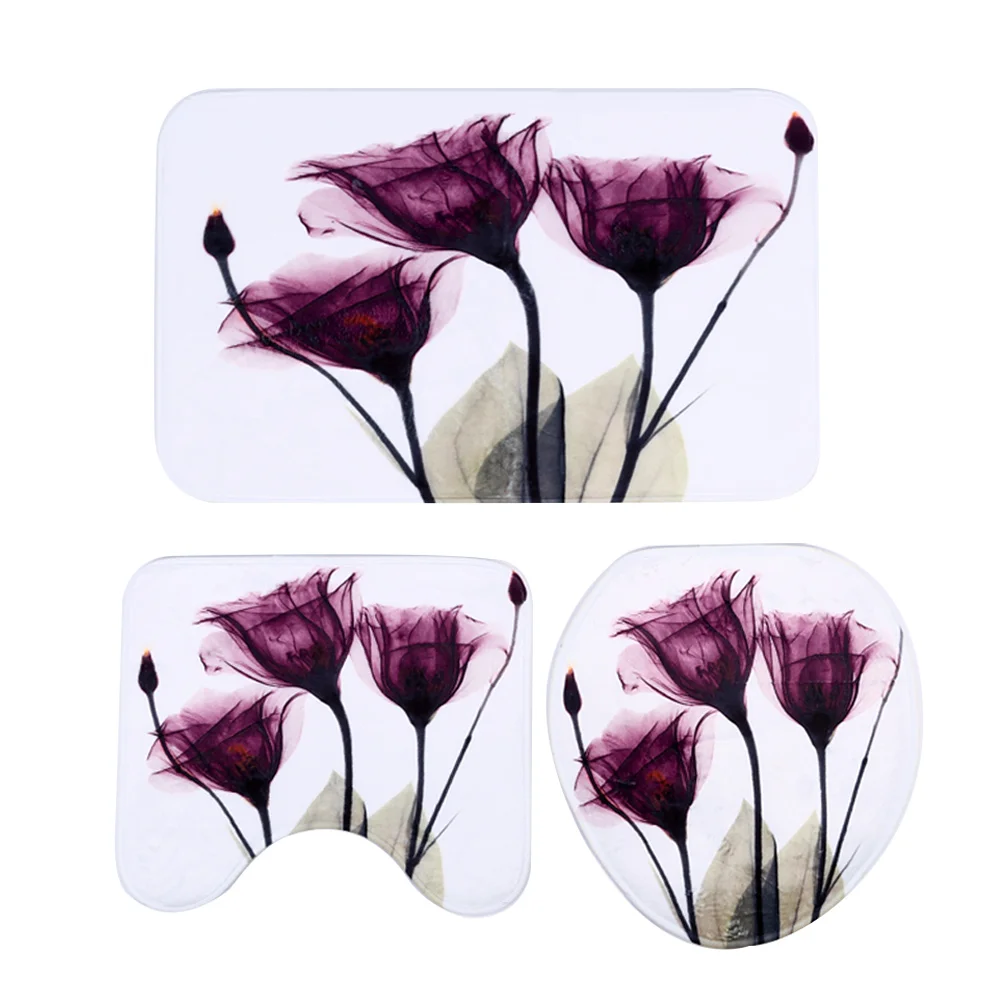 set2 Shower Curtain Set Toilet Seat Flower Shape Polyester Soft Comfortable Printing Beautiful Durable Three-Piece Toilet Waterproof - Color: set2