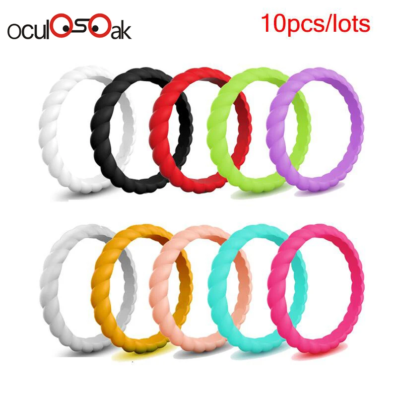 10pcs Hot Fashion 3mm Thin Braided Silicone Ring For Women Wedding Rings Sports Hypoallergenic Crossfit Flexible Rubber Finger Ring - Цвет основного камня: 10pcs