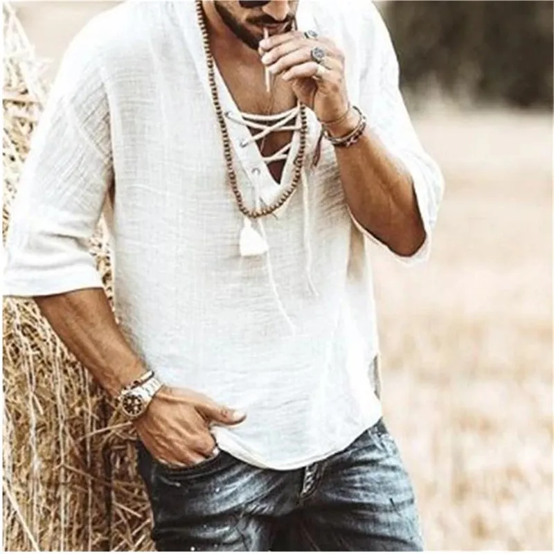 

Summer Fashion Men's Shirt Chest Lace-up Casual Patchwork Short Sleeve Shirt V-Neck Pullover Clothing Trend Casual Slim ShiRr