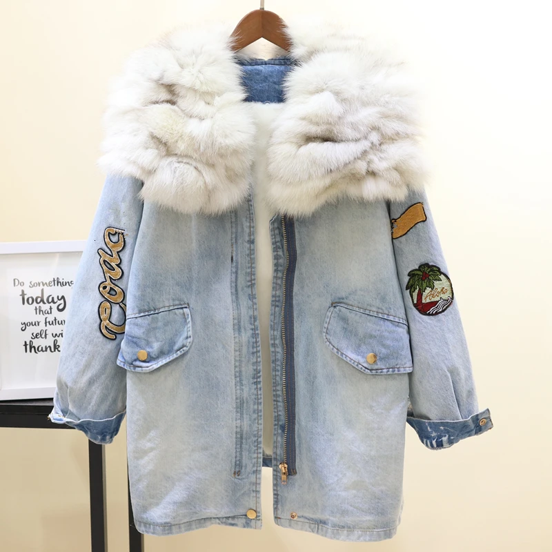 Vefadisa, зимняя джинсовая куртка с меховым воротником, плотное джинсовое пальто с принтом, Свободное пальто с завязками на талии, женское повседневное пальто, QYF827