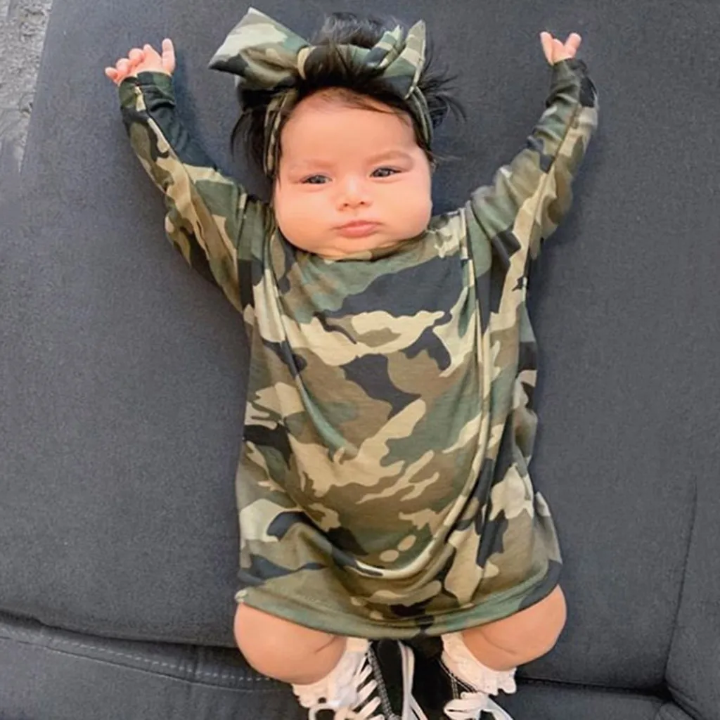 

Newborn Baby Girls Dresses Polyester Clothes Sets Toddler Kids Baby Girl Camouflage Printed Headband Princess Dress Clothes Set