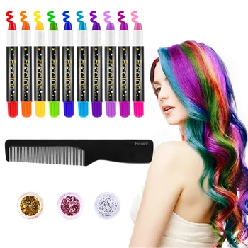 

Frcolor Hair Chalk Set 10 Colors Non-toxic Washable Temporary Hair Dye Rainbow Hair Color with Glitter Powder and Comb for Women