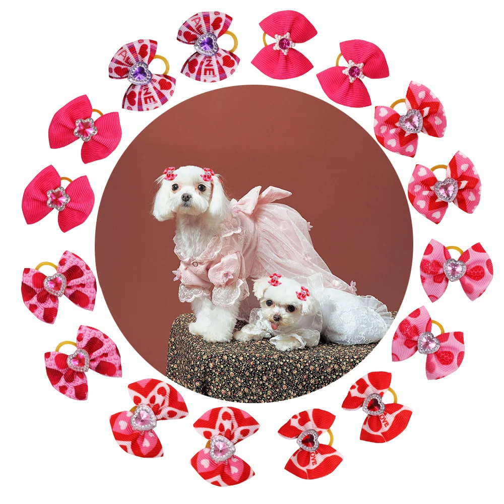 Lazos para el pelo de estilo de amor para mascotas, accesorios para el cabello para perros y gatos, Hiar, con diamantes, 20 unidades