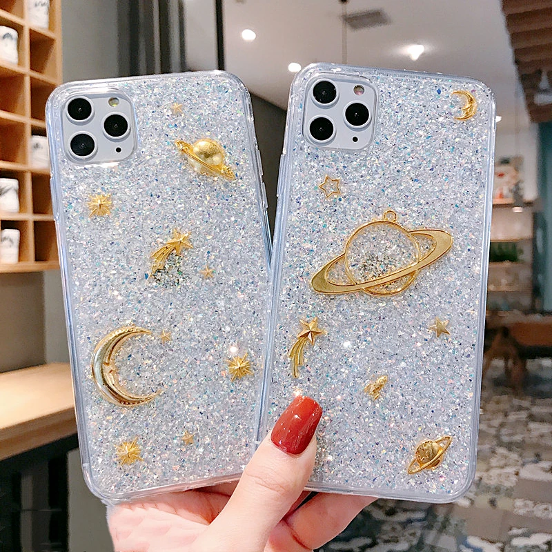 Luxury Space Moon Glitter Phone Case For iphone 11 Pro Max Case XS MAX XR 6 7 8 plus XS X Universe Planet Sequins Silicon Cover