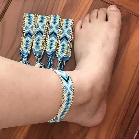 Rune плетеные браслеты на ногу для женщин хрустальные бусины ручной работы хлопковые браслеты женские пляжные бижутерия для ног дропшиппинг - Окраска металла: 1 pcs