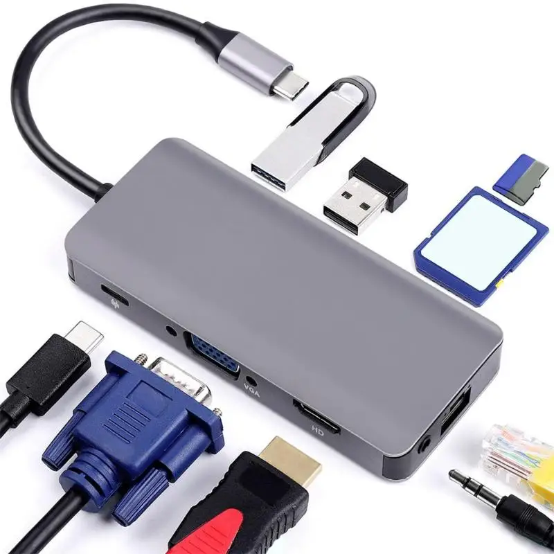 

9-in-1 USB Hub with Ethernet USB C to HDMI VGA USB3.0 Card Reader Adapter Multifunction Type C Hub for Laptop Notebook