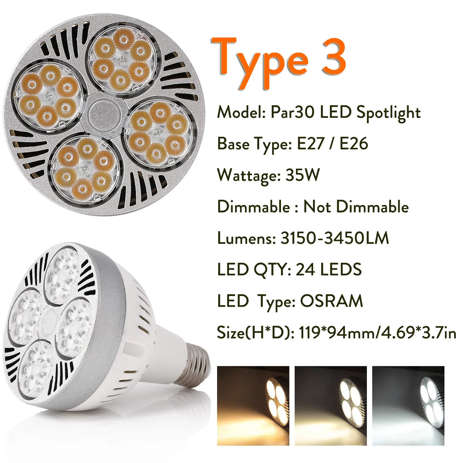 PAR30 E26 E27 LED Spotlight 35W 45W Bulbs Cool Warm White OSRAM Lamp 24Leds 30Leds Spot Light Bulb AC 220V Lighting Ultra Bright