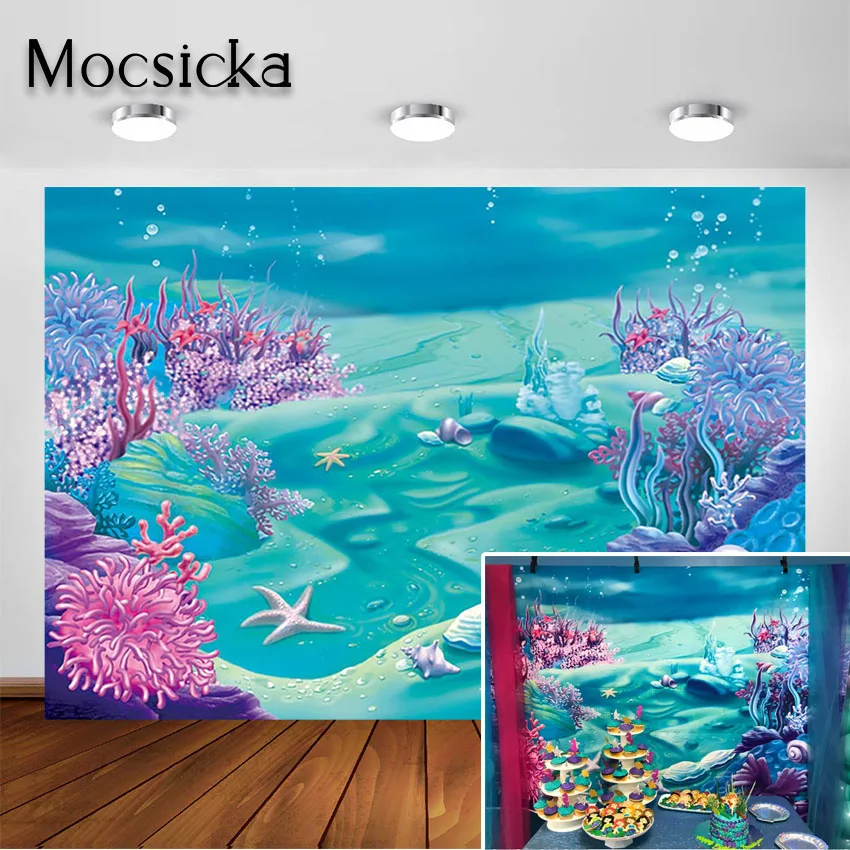 

Mocsicka Under The Sea Mermaid Backdrop Blue Sea Underwater Kids Baby Shower Birthday Party Decorations Background Photocall