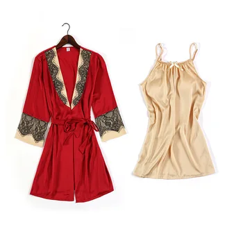 

Lace Satin Sexy 2PCS Robe & Gown Set Burgundy Black Nightwear Women Sling Lingerie Intimate Dress Bathrobe Party Daily Elegant