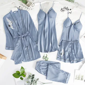 

Satin 5PCS Robe Suit Young Lady Print Crane Bridal Wedding Bathrobe Set Sexy Lounge Kimono Gown Loose Casual Intimate Lingerie