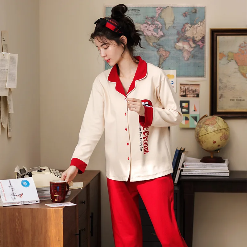 

7096 Pajamas Women's Spring And Autumn Pure Cotton Korean-style Cardigan Tracksuit Sweet Long-sleeve Suit Students Long Sleeve T